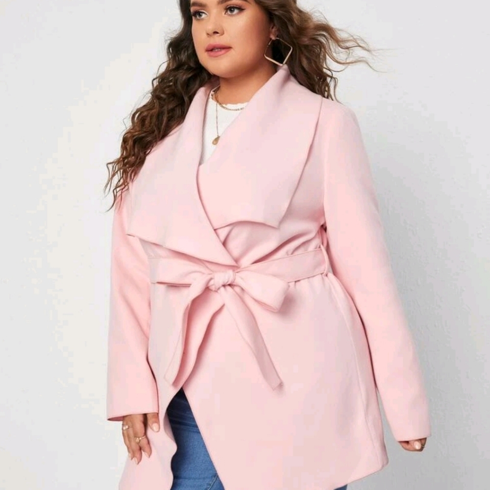 Pink Waterfall Collar Belted Pea Coat